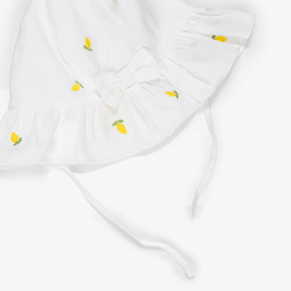 Pureté Du... Bébé-Baby Girls White Cotton Sun Hat with Embroidered Lemons | Childrensalon
