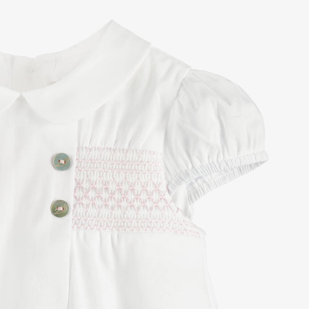 Pureté Du... Bébé-Baby Girls White Dress & Bonnet with Pink Smocking | Childrensalon