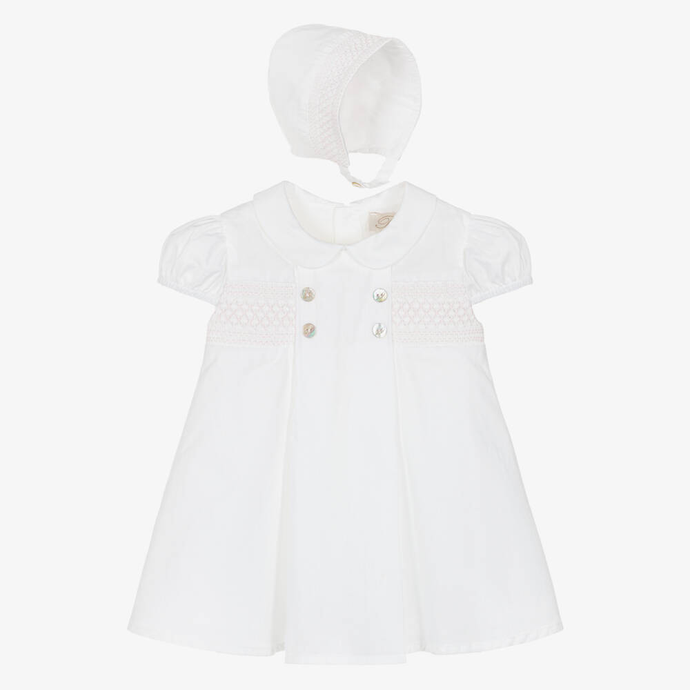 Pureté Du... Bébé-Baby Girls White Dress & Bonnet with Pink Smocking | Childrensalon