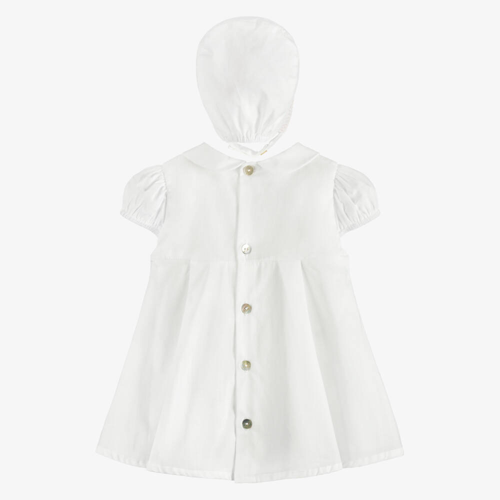 Pureté Du... Bébé-Baby Girls White Dress & Bonnet with Pink Smocking | Childrensalon