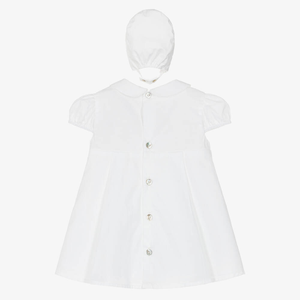 Pureté Du... Bébé-Baby Girls White Dress & Bonnet with Pink Smocking | Childrensalon