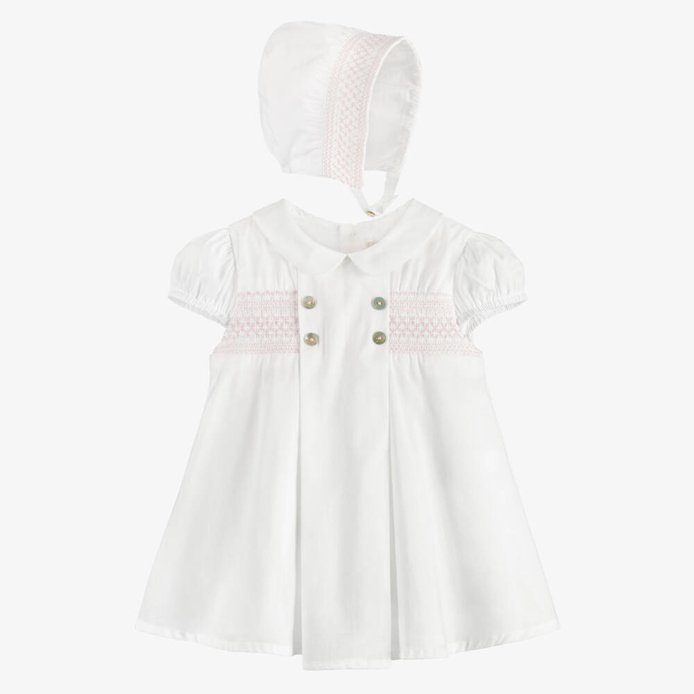 Pureté Du... Bébé-Baby Girls White Dress & Bonnet with Pink Smocking | Childrensalon