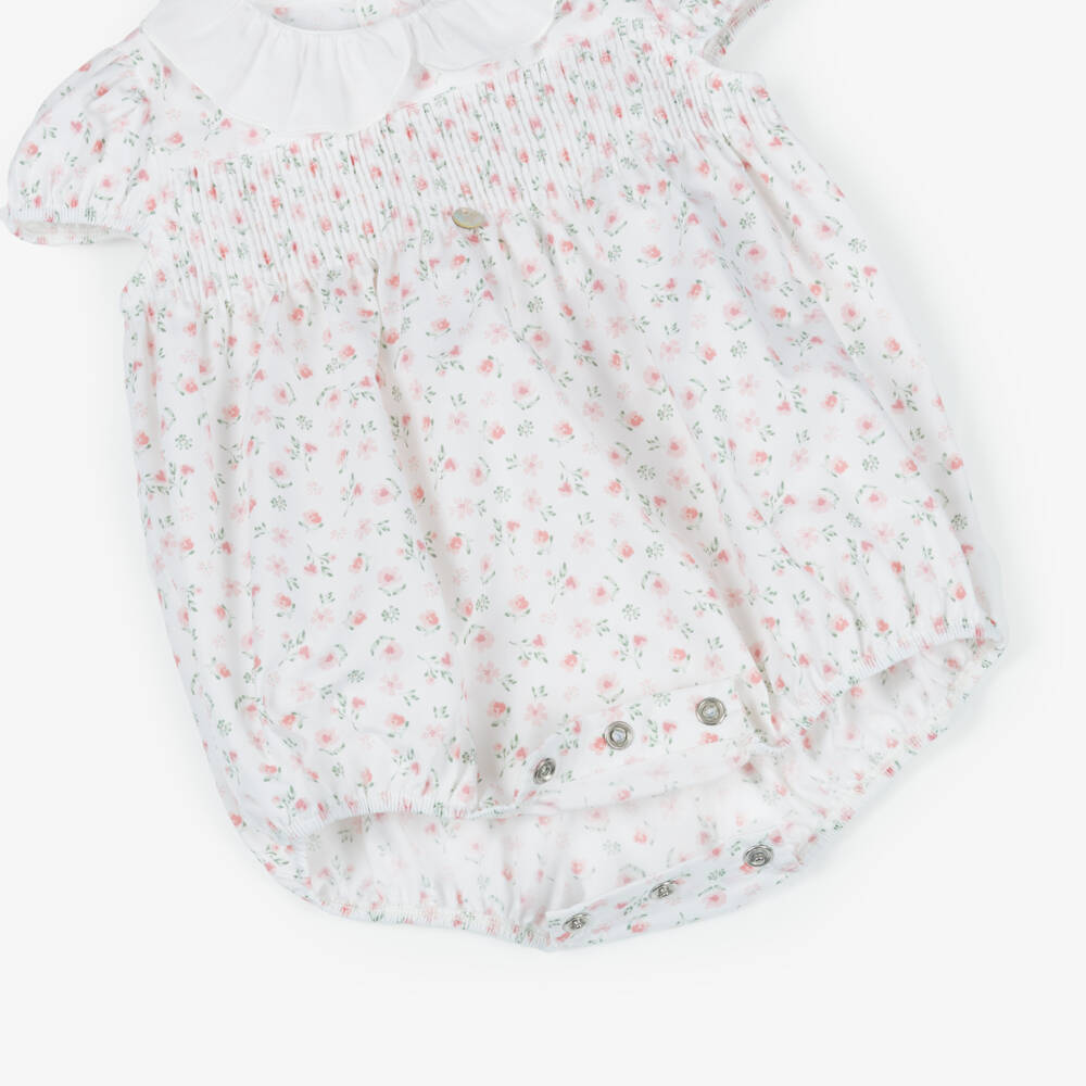 Pureté Du... Bébé-Baby Girls White & Pink Cotton Floral Shortie with Smocking | Childrensalon