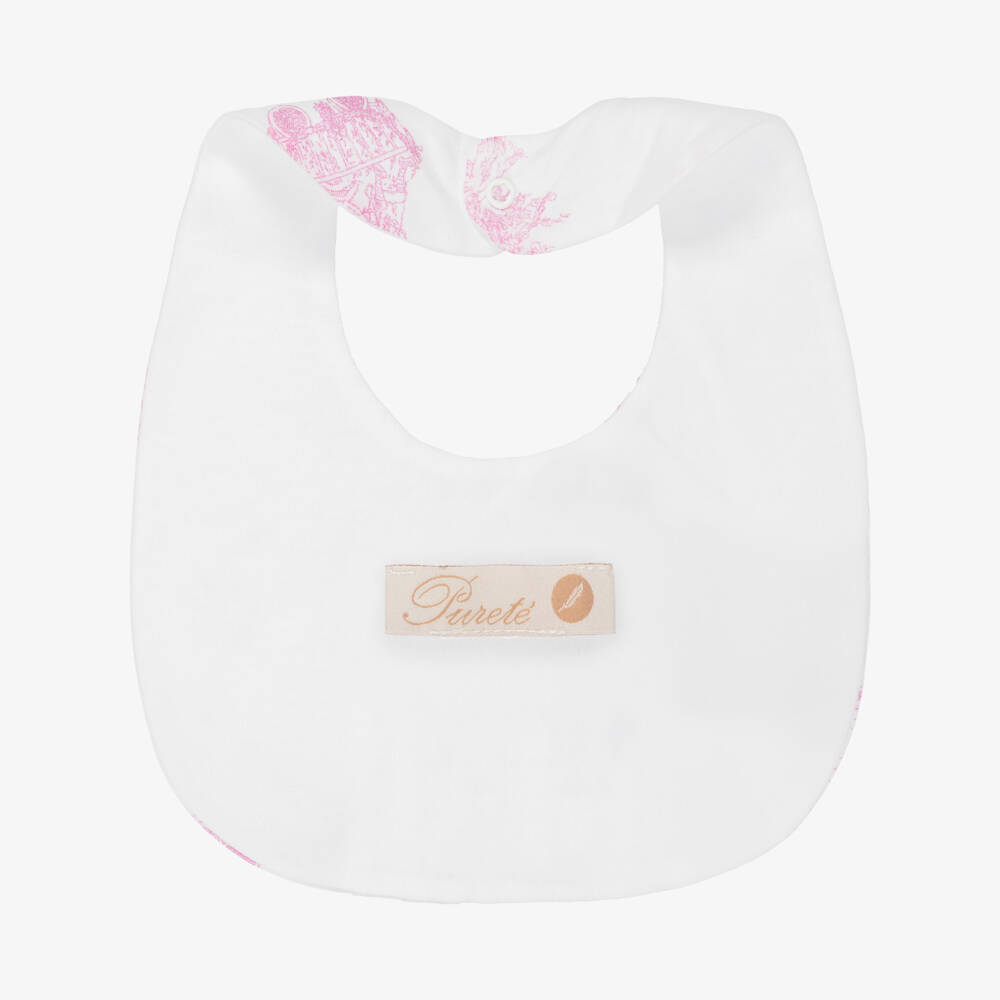 Pureté Du... Bébé-Baby Girls White & Pink Cotton Toile De Jouy Bib | Childrensalon