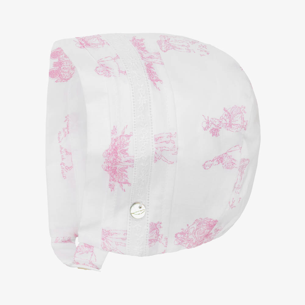 Pureté Du... Bébé-Baby Girls White & Pink Cotton Toile De Jouy Bonnet | Childrensalon
