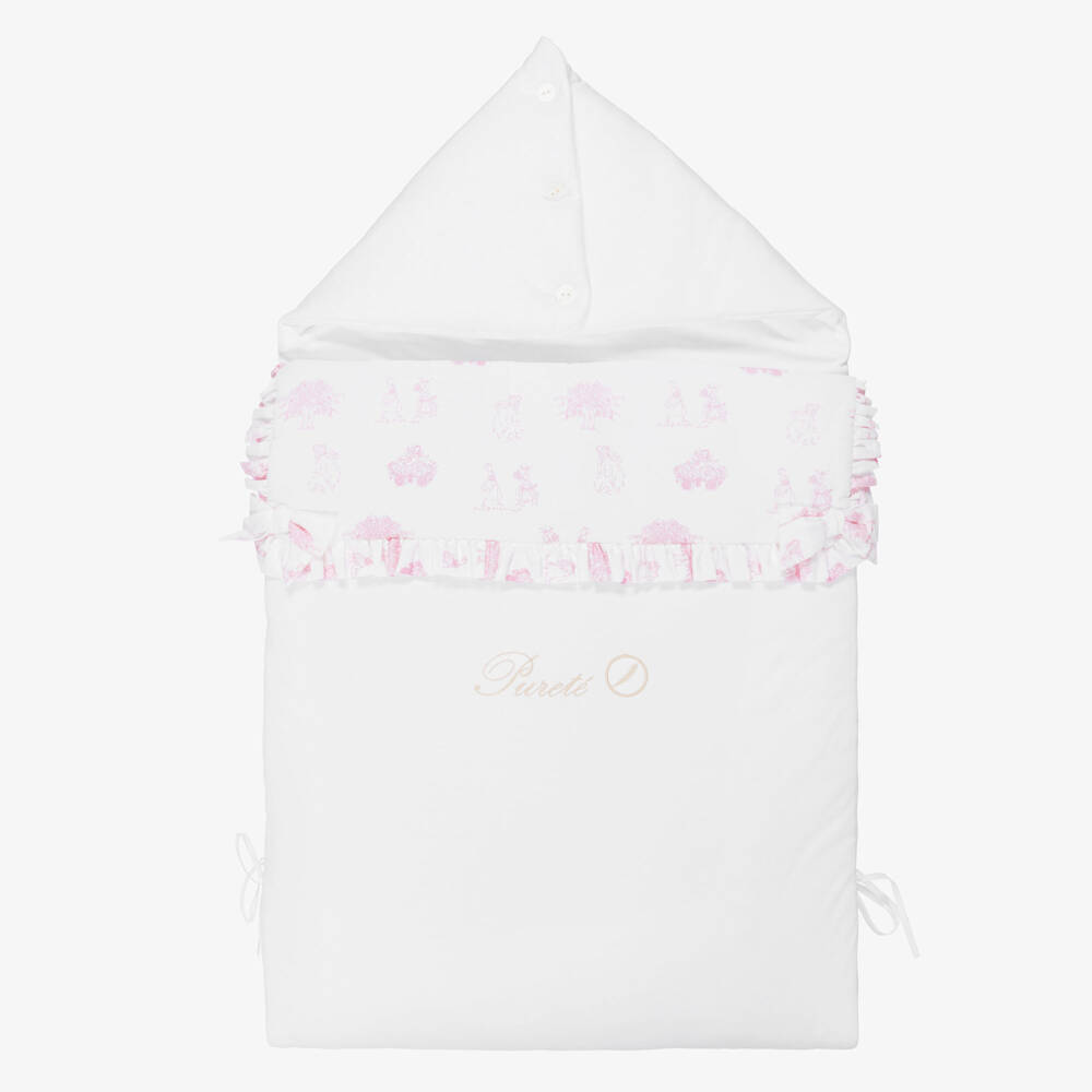 Pureté Du... Bébé-Baby Girls White & Pink Toile de Jouy Cotton Nest (90cm) | Childrensalon