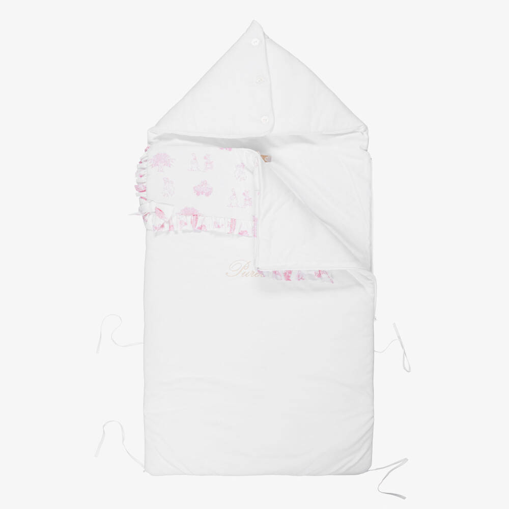 Pureté Du... Bébé-Baby Girls White & Pink Toile de Jouy Cotton Nest (90cm) | Childrensalon