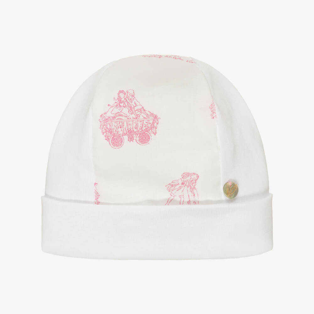 Pureté Du... Bébé-Baby Girls White & Pink Toile De Jouy Layette Hat | Childrensalon