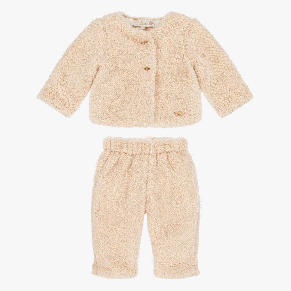 Pureté Du... Bébé-Beige Teddy Fleece Baby Pram Coat & Trouser Set | Childrensalon