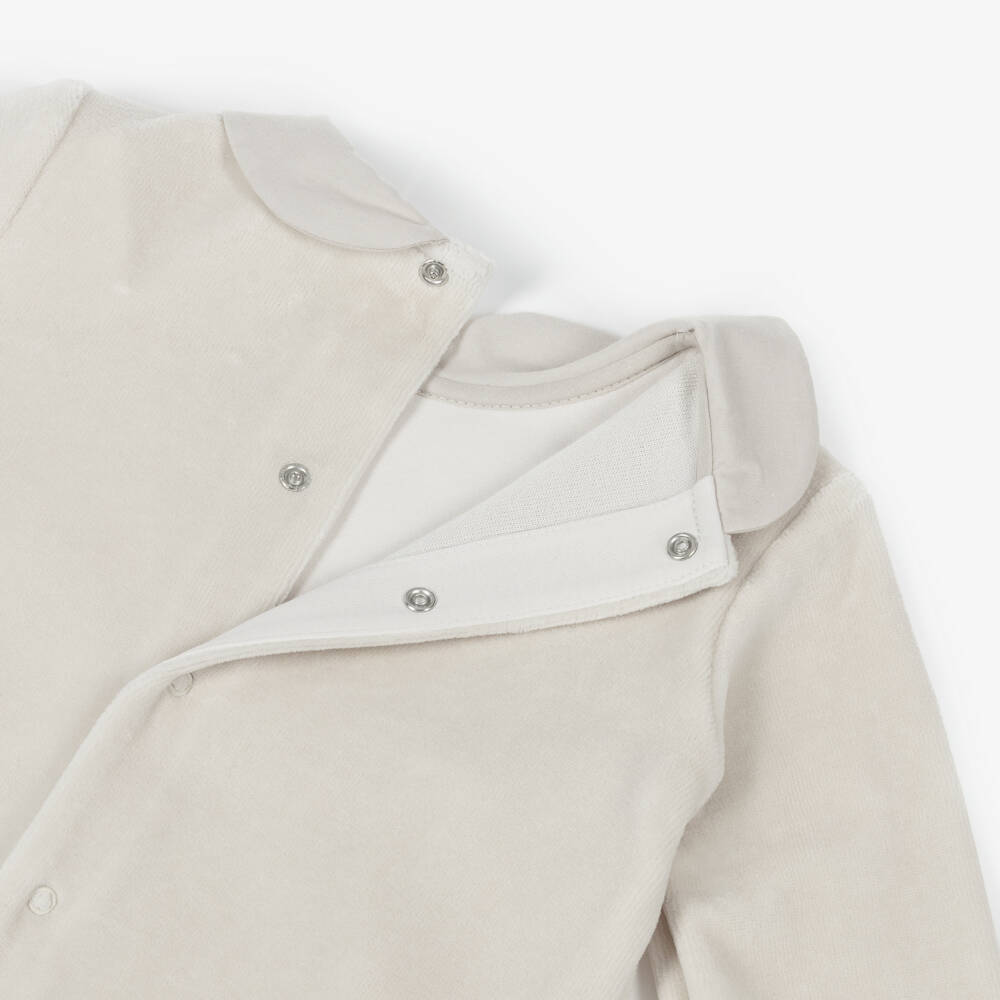 Pureté Du... Bébé-Beige Velour Babygrow with Pintuck Bib Front | Childrensalon
