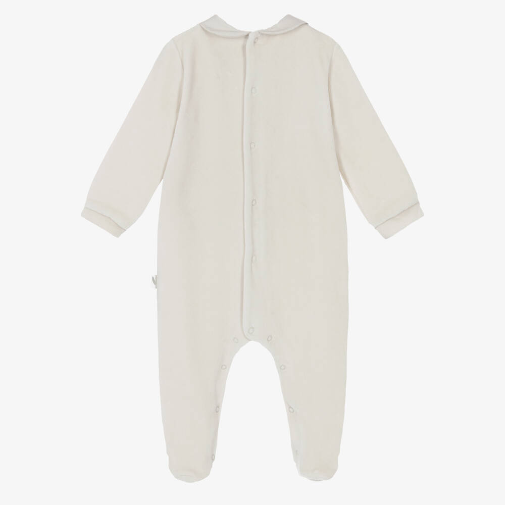Pureté Du... Bébé-Beige Velour Babygrow with Pintuck Bib Front | Childrensalon