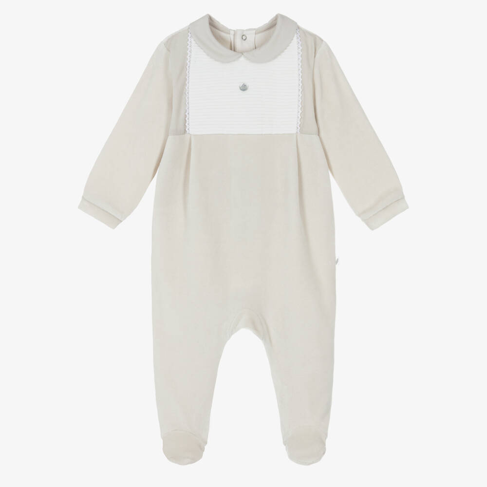 Pureté Du... Bébé-Beige Velour Babygrow with Pintuck Bib Front | Childrensalon