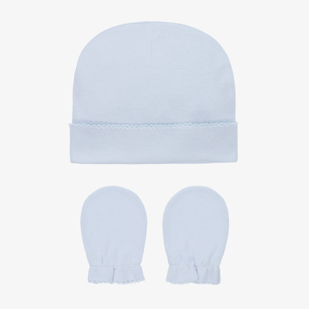 Pureté Du... Bébé-Blue Cotton Baby Hat & Mittens Set | Childrensalon