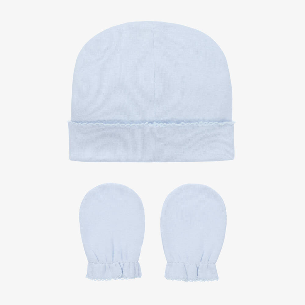 Pureté Du... Bébé-Blue Cotton Baby Hat & Mittens Set | Childrensalon