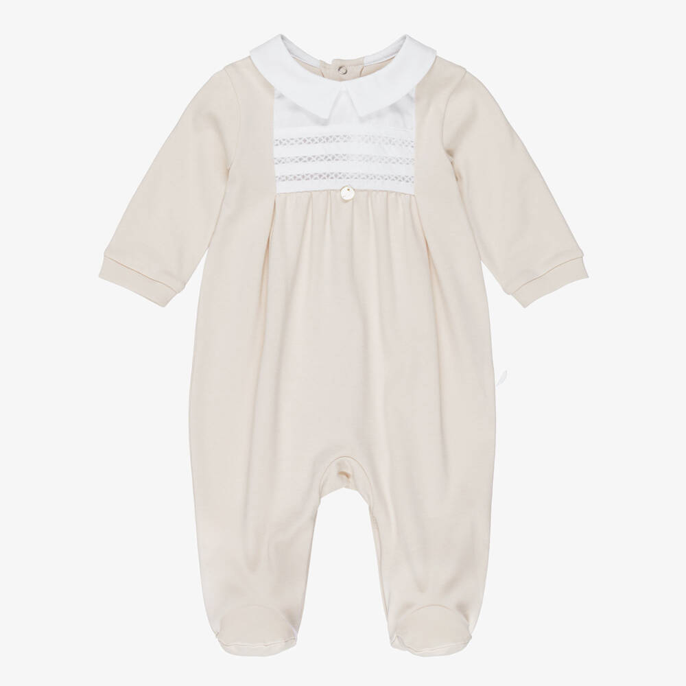 Pureté Du... Bébé-Boys Beige Cotton Babygrow with White Collar | Childrensalon