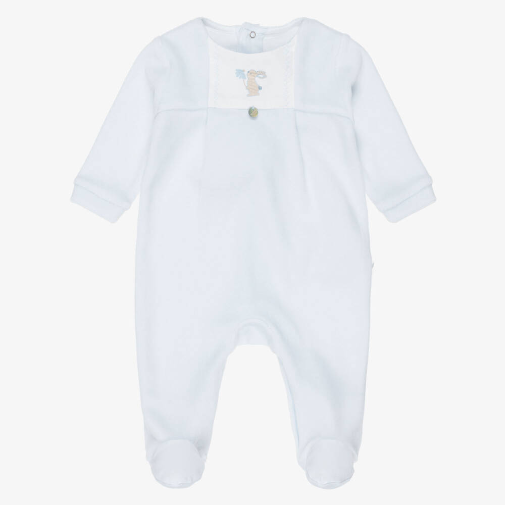 Pureté Du... Bébé-Boys Bunny Babygrow in Pale Blue Velour | Childrensalon