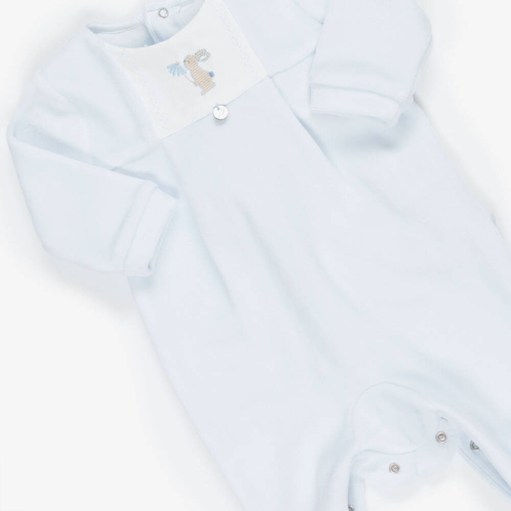 Pureté Du... Bébé-Boys Bunny Babygrow in Pale Blue Velour | Childrensalon