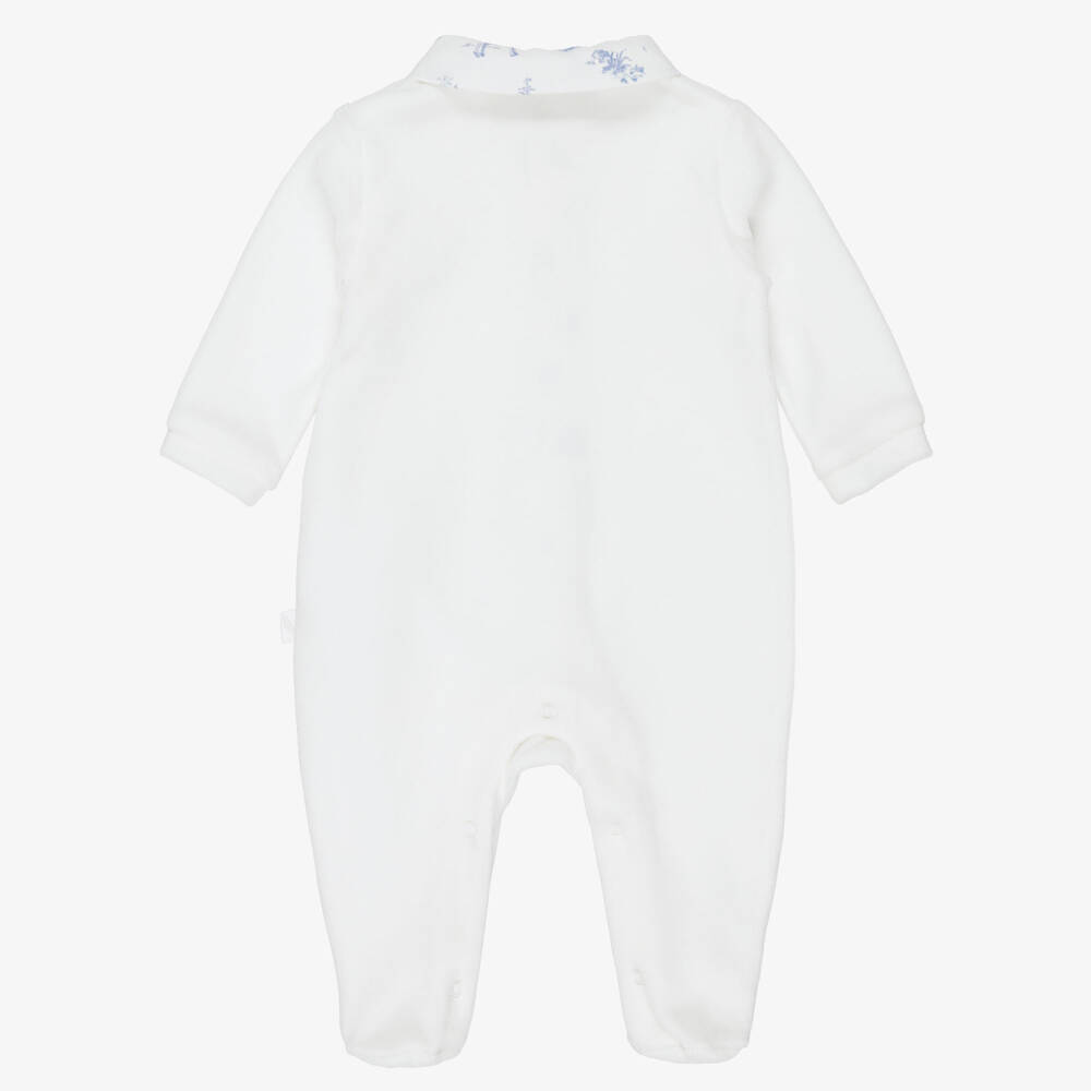 Pureté Du... Bébé-Boys Ivory Velour Babygrow with Toile De Jouy Trims | Childrensalon