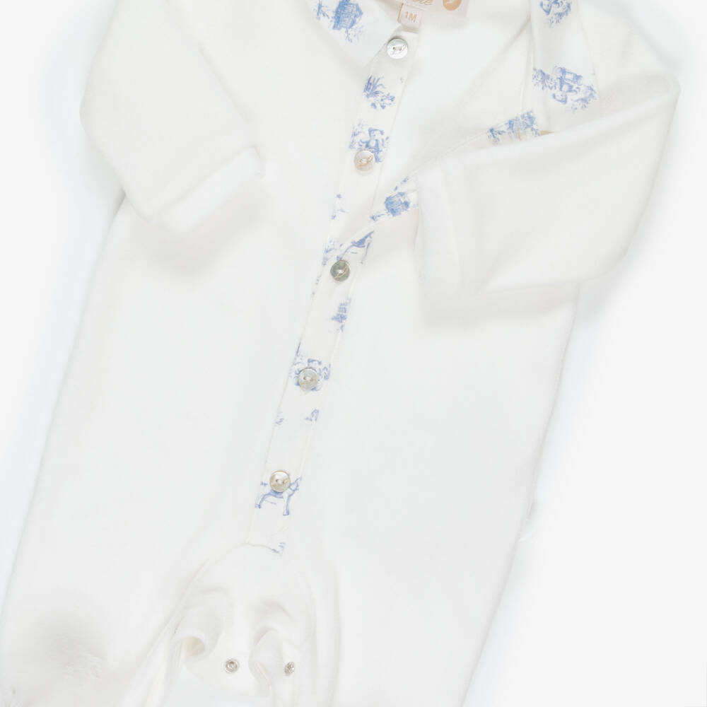 Pureté Du... Bébé-Boys Ivory Velour Babygrow with Toile De Jouy Trims | Childrensalon