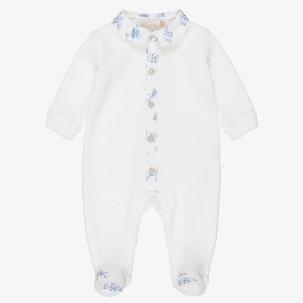 Pureté Du... Bébé-Boys Ivory Velour Babygrow with Toile De Jouy Trims | Childrensalon