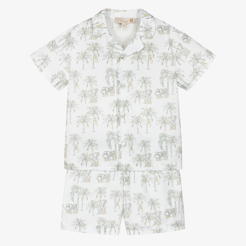 Pureté Du... Bébé-Boys Short White Cotton Pyjamas with Grey Jungle Print | Childrensalon