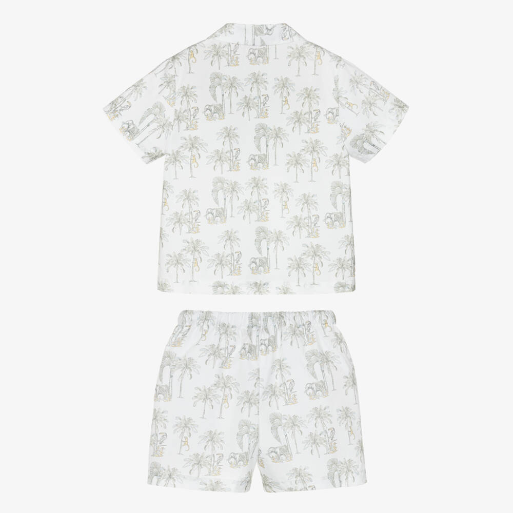 Pureté Du... Bébé-Boys Short White Cotton Pyjamas with Grey Jungle Print | Childrensalon