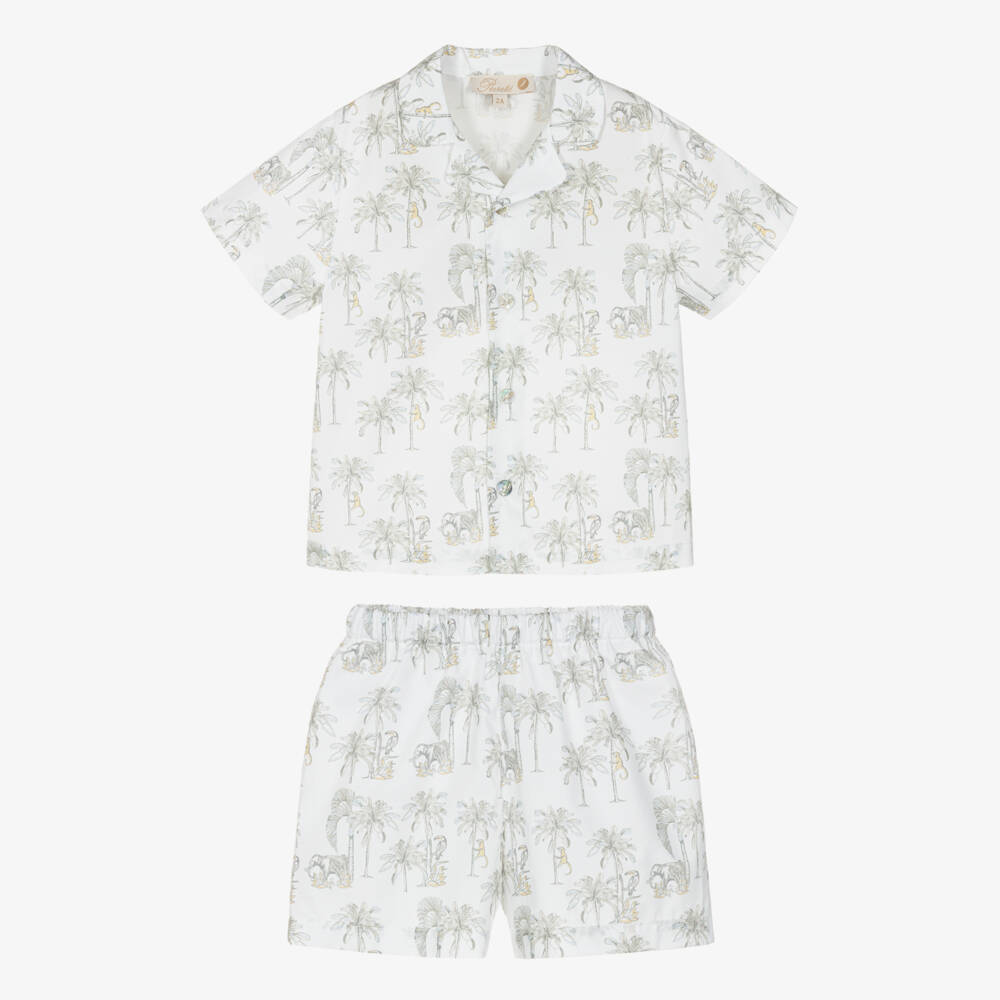 Pureté Du... Bébé-Boys Short White Cotton Pyjamas with Grey Jungle Print | Childrensalon