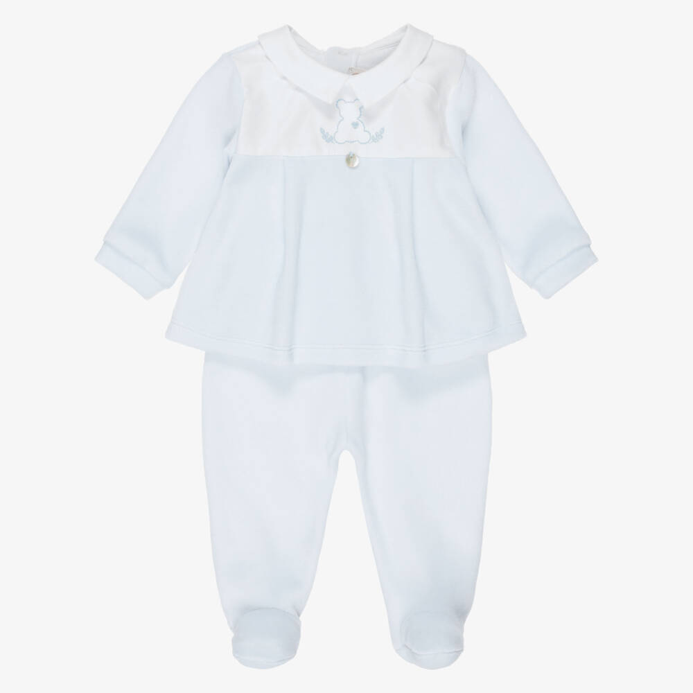 Pureté Du... Bébé-Boys Two-Piece Babygrow in Pale Blue Velour | Childrensalon