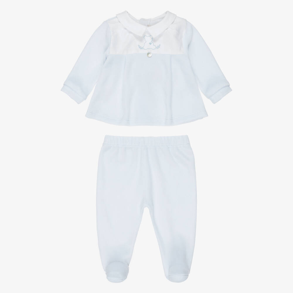 Pureté Du... Bébé-Boys Two-Piece Babygrow in Pale Blue Velour | Childrensalon