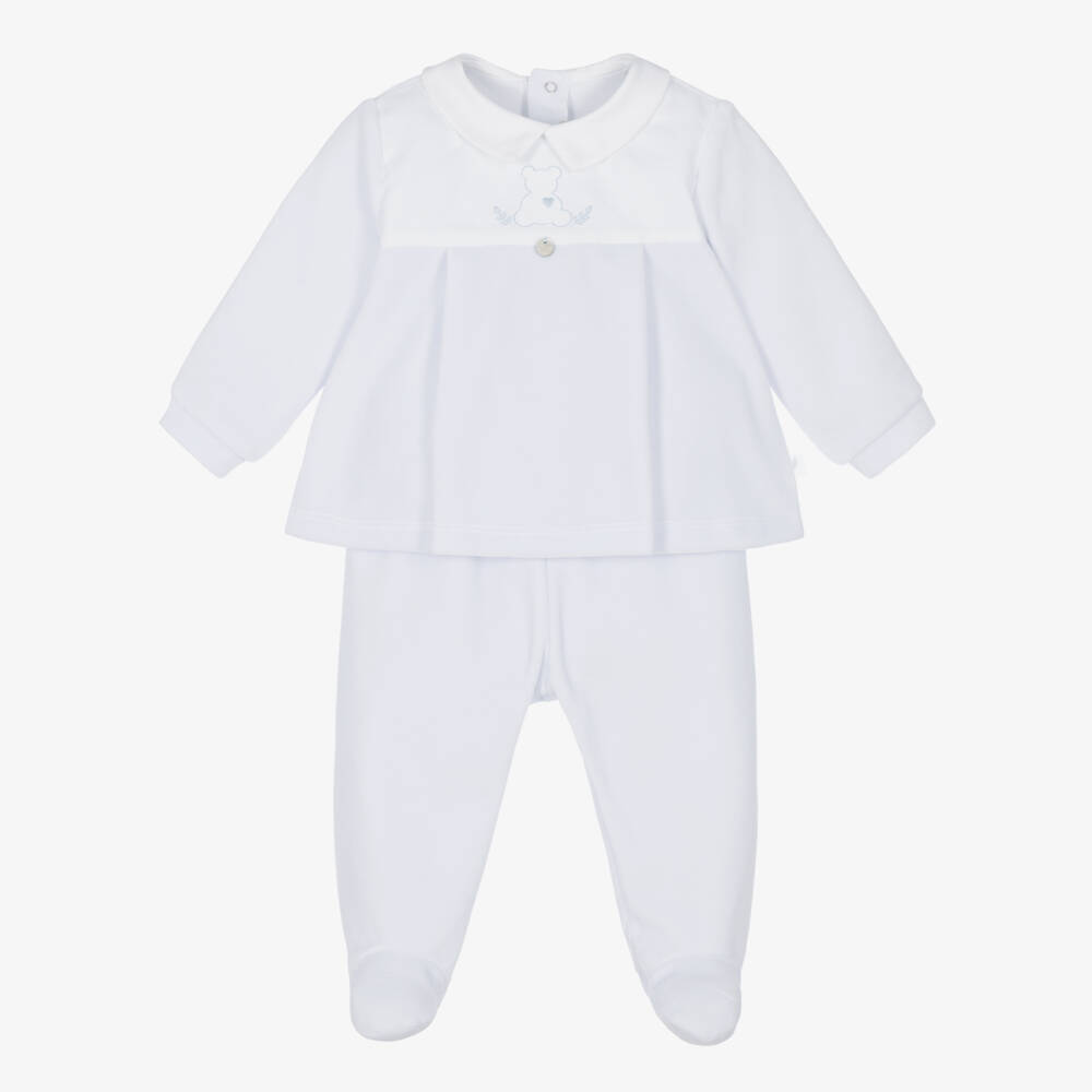 Pureté Du... Bébé-Boys Two-Piece Babygrow in Pale Blue Velour | Childrensalon