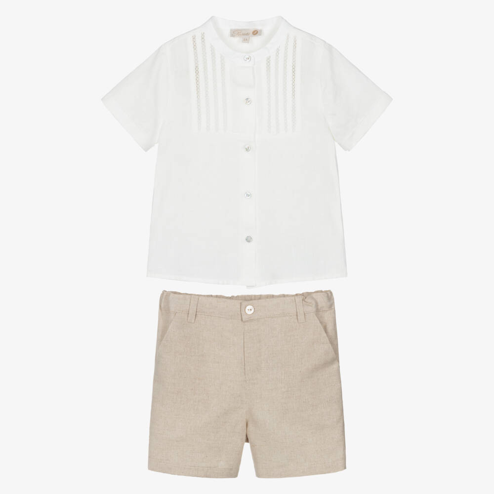 Pureté Du... Bébé-Boys White & Beige Linen Shorts Set | Childrensalon
