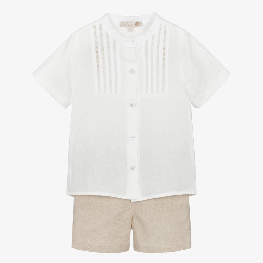 Pureté Du... Bébé-Boys White & Beige Shorts Set with Lacey Trim | Childrensalon