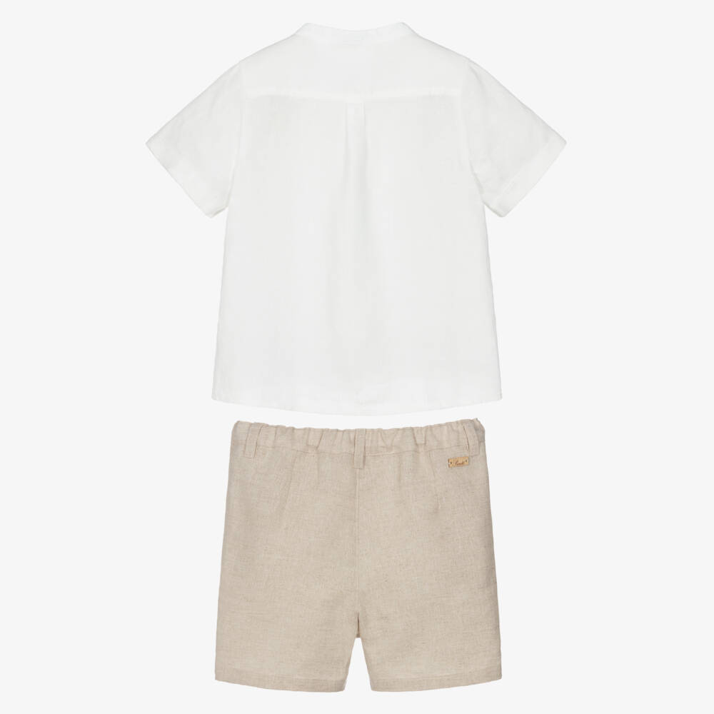 Pureté Du... Bébé-Boys White & Beige Shorts Set with Lacey Trim | Childrensalon