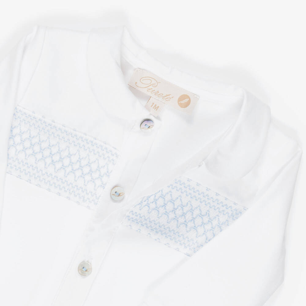 Pureté Du... Bébé-Boys White & Blue Embroidered Cotton Babygrow  | Childrensalon