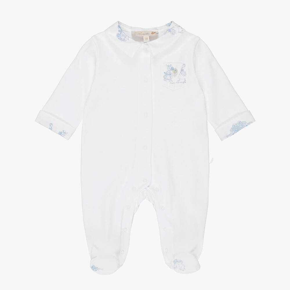 Pureté Du... Bébé-Boys White & Blue Toile De Jouy Cotton Babygrow | Childrensalon