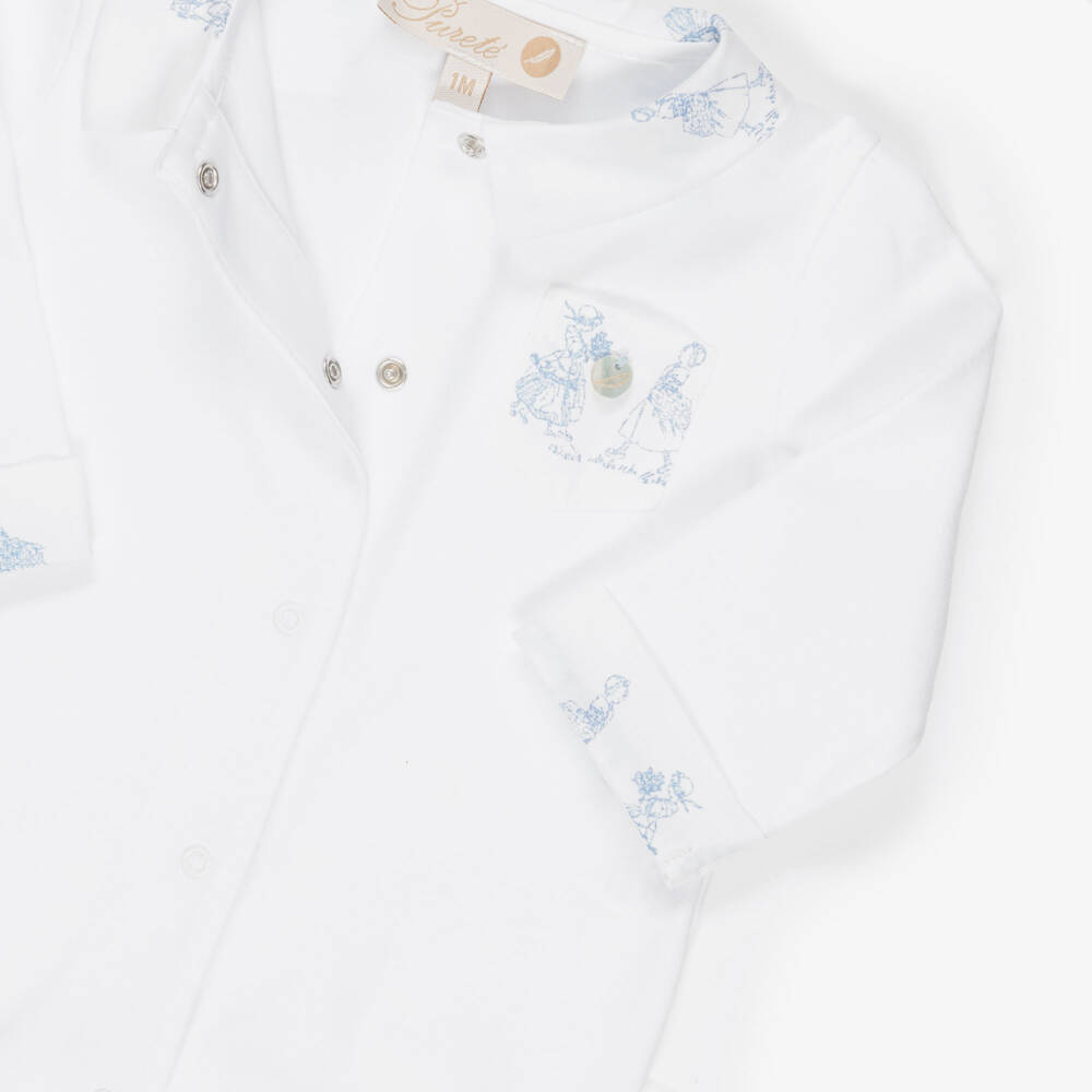 Pureté Du... Bébé-Boys White & Blue Toile De Jouy Cotton Babygrow | Childrensalon