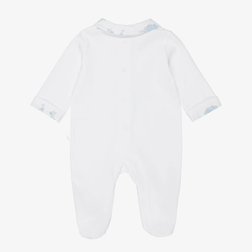 Pureté Du... Bébé-Boys White & Blue Toile De Jouy Cotton Babygrow | Childrensalon