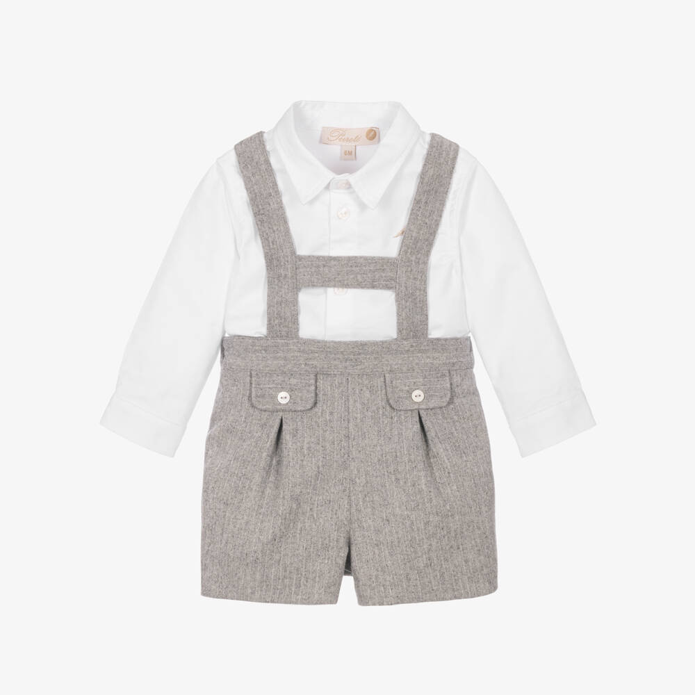 Pureté Du... Bébé-Boys White Bodysuit & Grey Pinstripe Shorts Set | Childrensalon