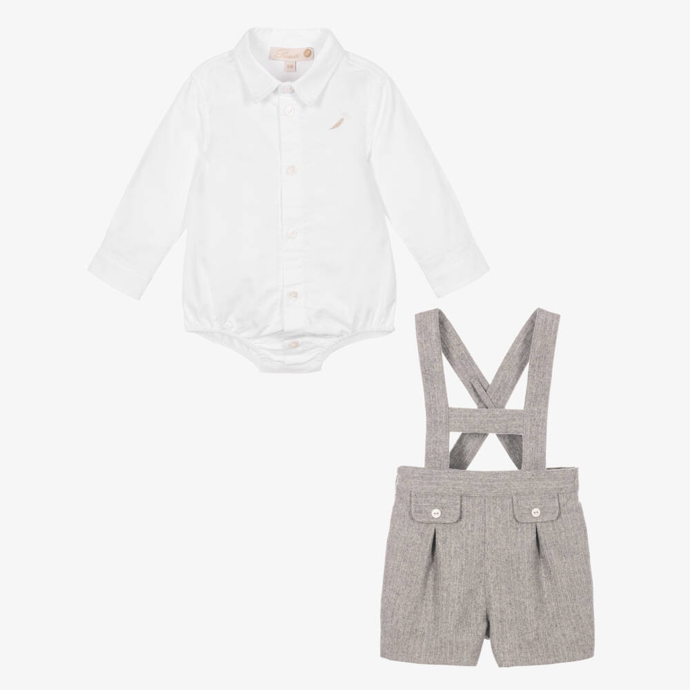 Pureté Du... Bébé-Boys White Bodysuit & Grey Pinstripe Shorts Set | Childrensalon