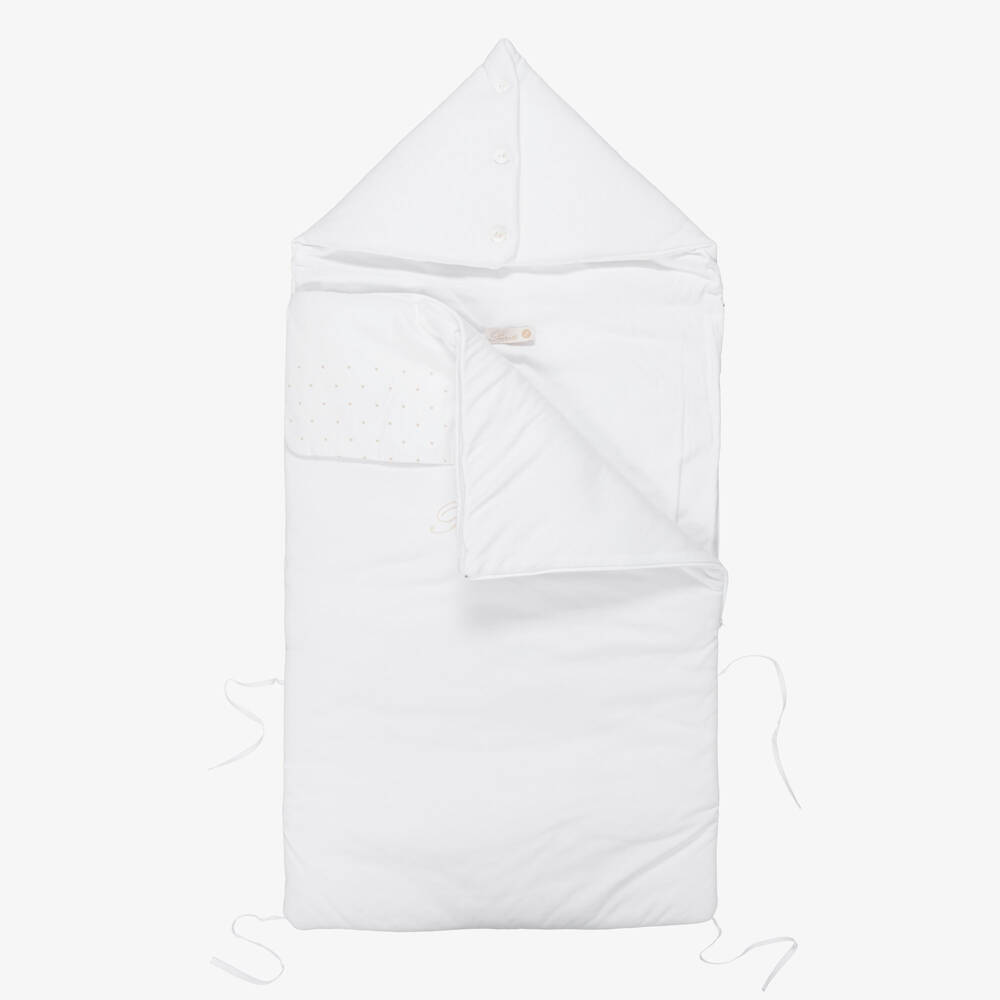 Pureté Du... Bébé-White Cotton Jersey Baby Nest with Beige Embroidery (90cm) | Childrensalon