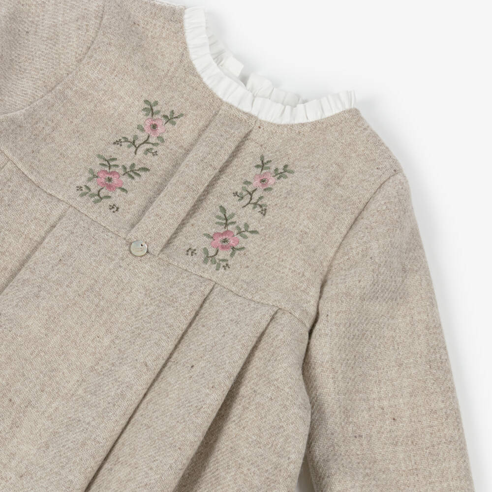 Pureté Du... Bébé-Girls Beige Wool Dress with Frill Trims & Floral Embroidery | Childrensalon