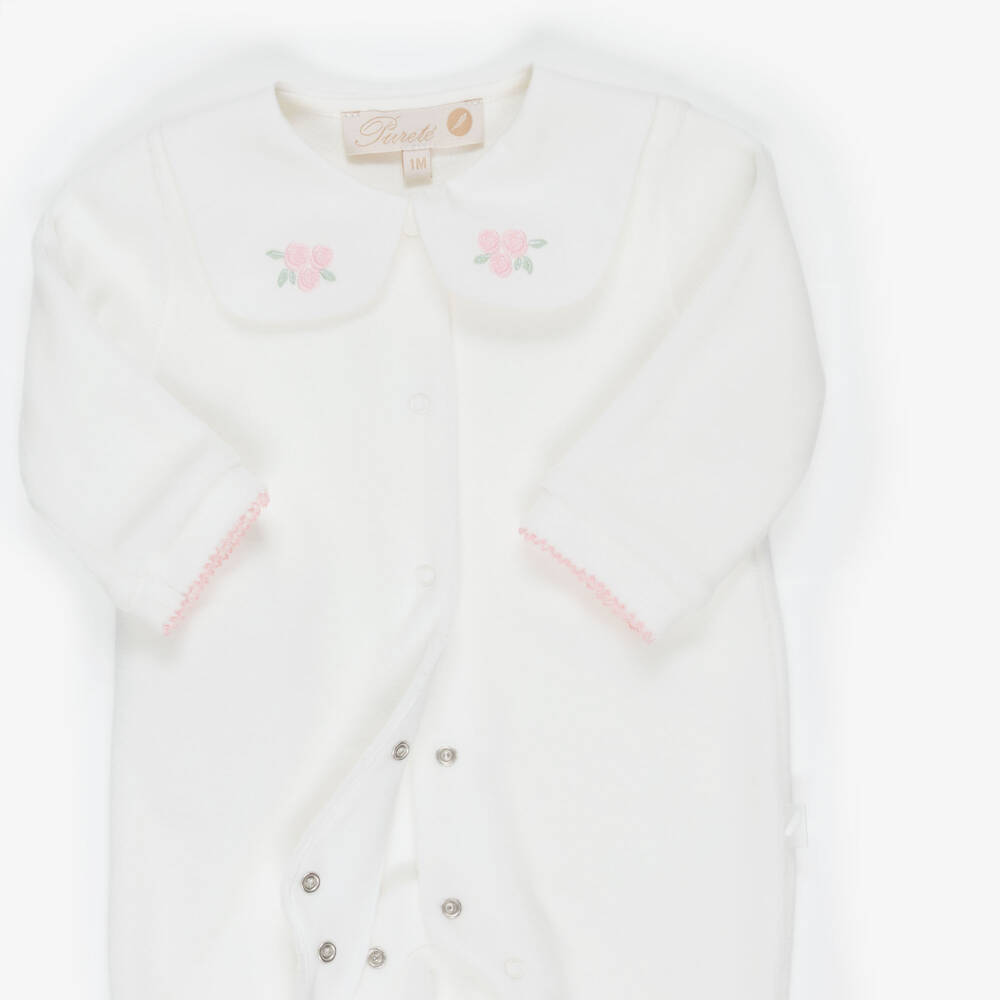 Pureté Du... Bébé-Girls Collared Babygrow in Ivory Velour | Childrensalon
