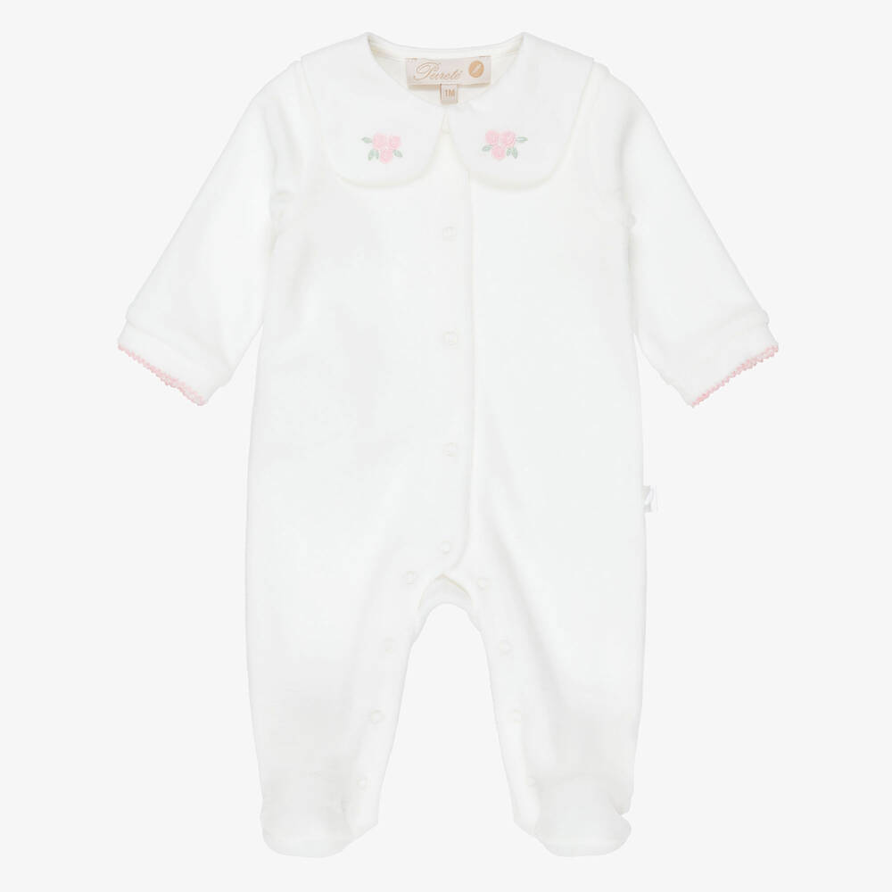Pureté Du... Bébé-Girls Collared Babygrow in Ivory Velour | Childrensalon