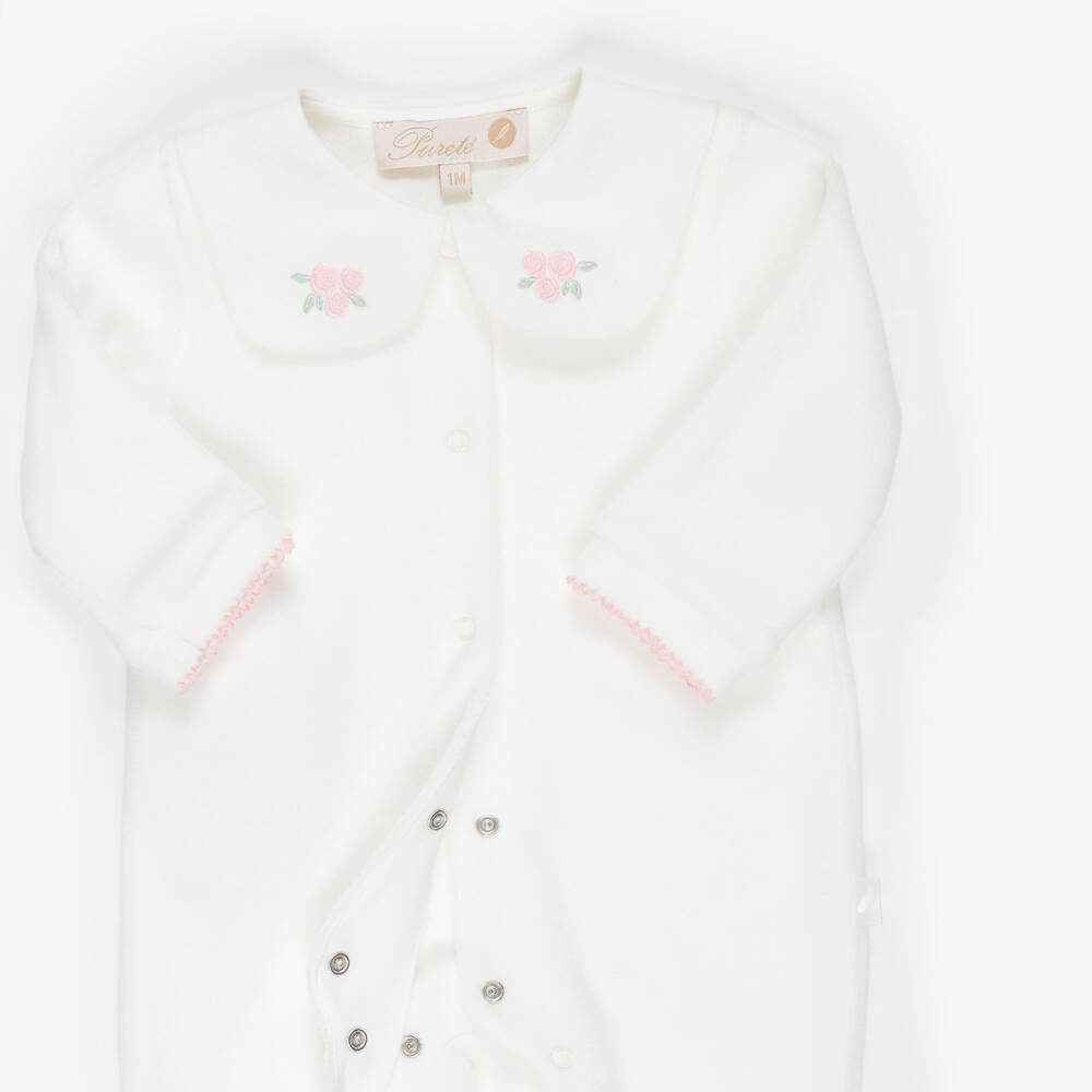 Pureté Du... Bébé-Girls Collared Babygrow in Ivory Velour | Childrensalon