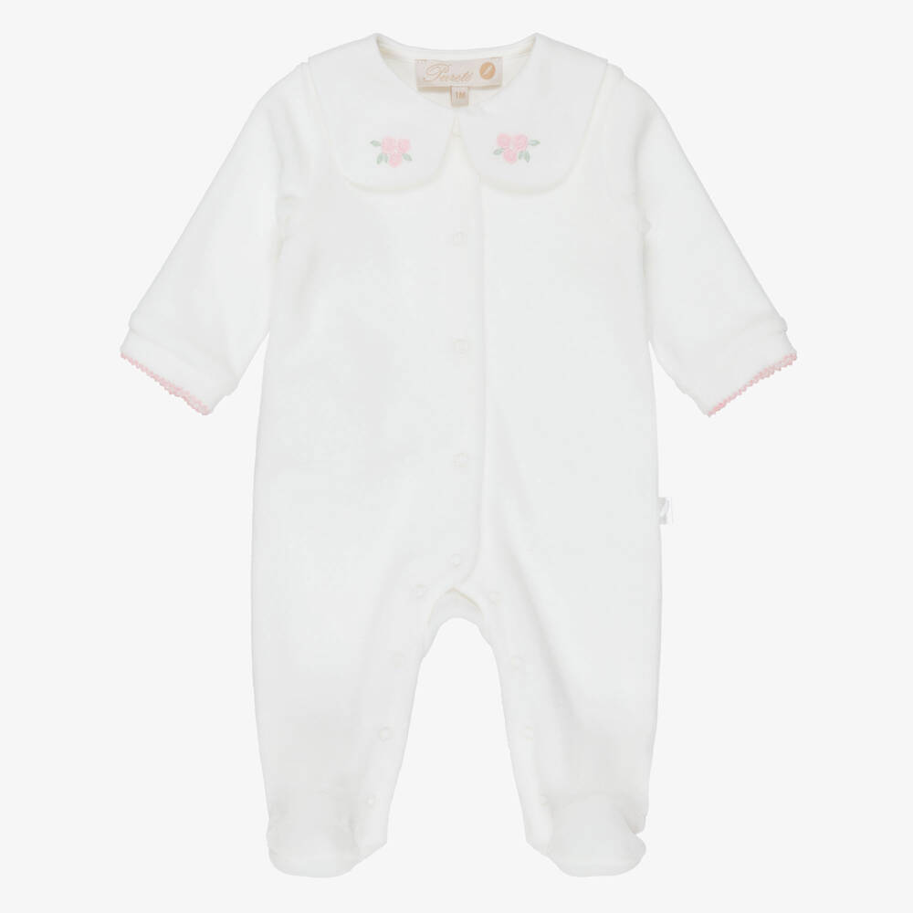 Pureté Du... Bébé-Girls Collared Babygrow in Ivory Velour | Childrensalon