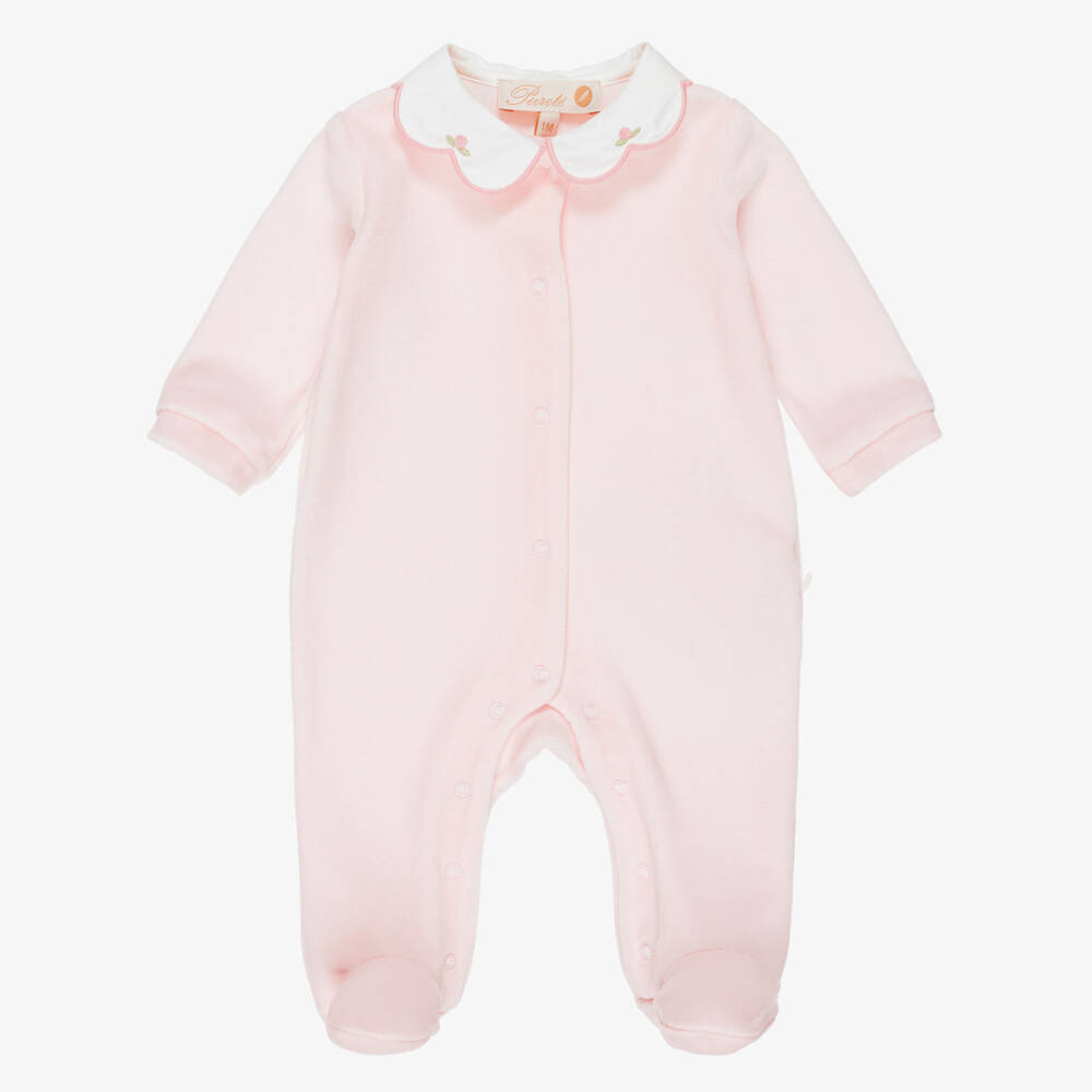 Pureté Du... Bébé-Girls Collared Babygrow in Pale Pink Velour | Childrensalon