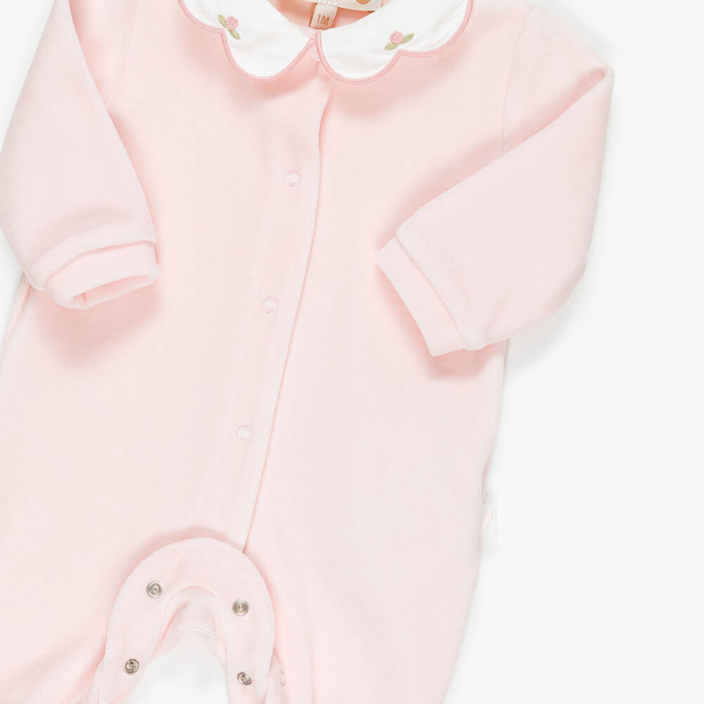 Pureté Du... Bébé-Girls Collared Babygrow in Pale Pink Velour | Childrensalon