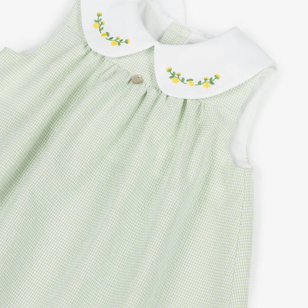 Pureté Du... Bébé-Girls Green Cotton Gingham Dress with Embroidered Lemons | Childrensalon