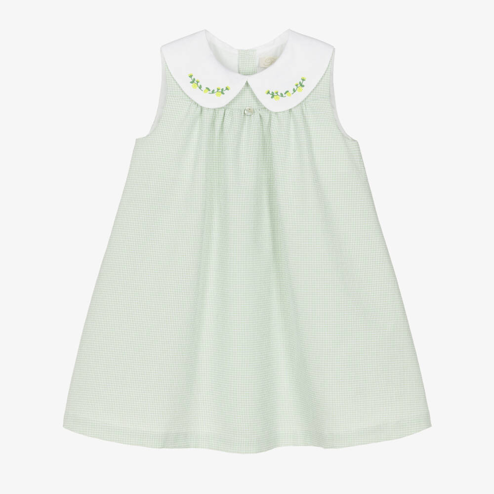 Pureté Du... Bébé-Girls Green Cotton Gingham Dress with Embroidery | Childrensalon