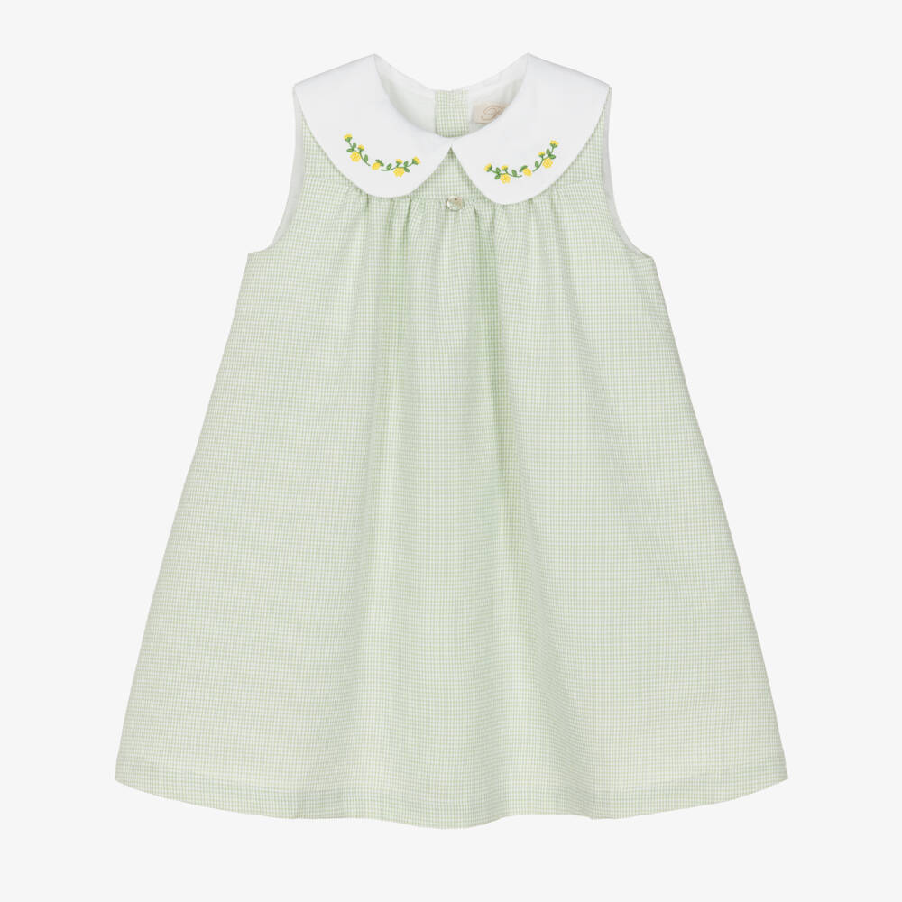 Pureté Du... Bébé-Girls Green Cotton Gingham Dress with Embroidery | Childrensalon